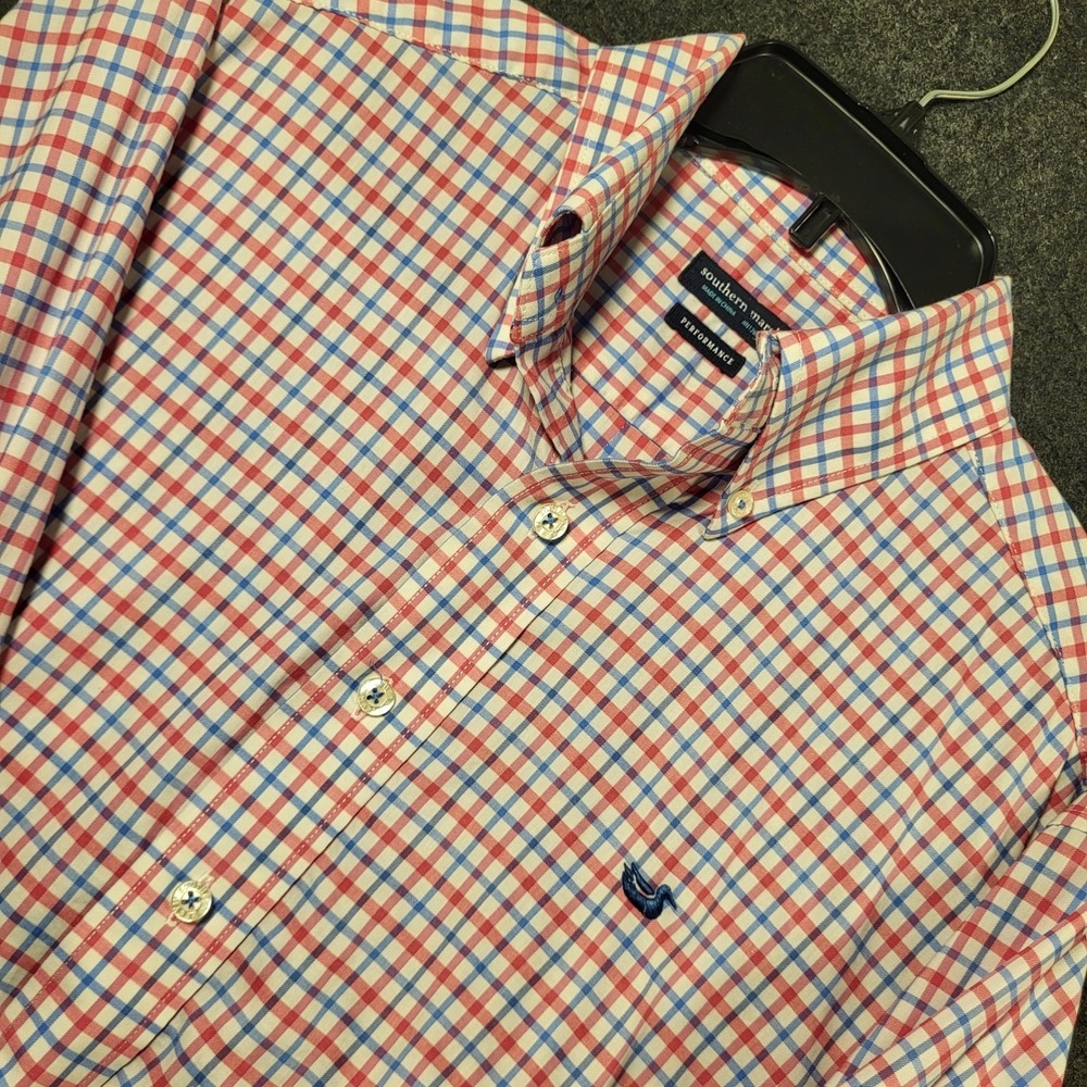 Southern Marsh Men's M Performance Shirt Red Blue Check Tattersall Long Sleeve